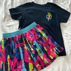 Kids Black Tee and Multicolor Graffiti Shorts Matching Set